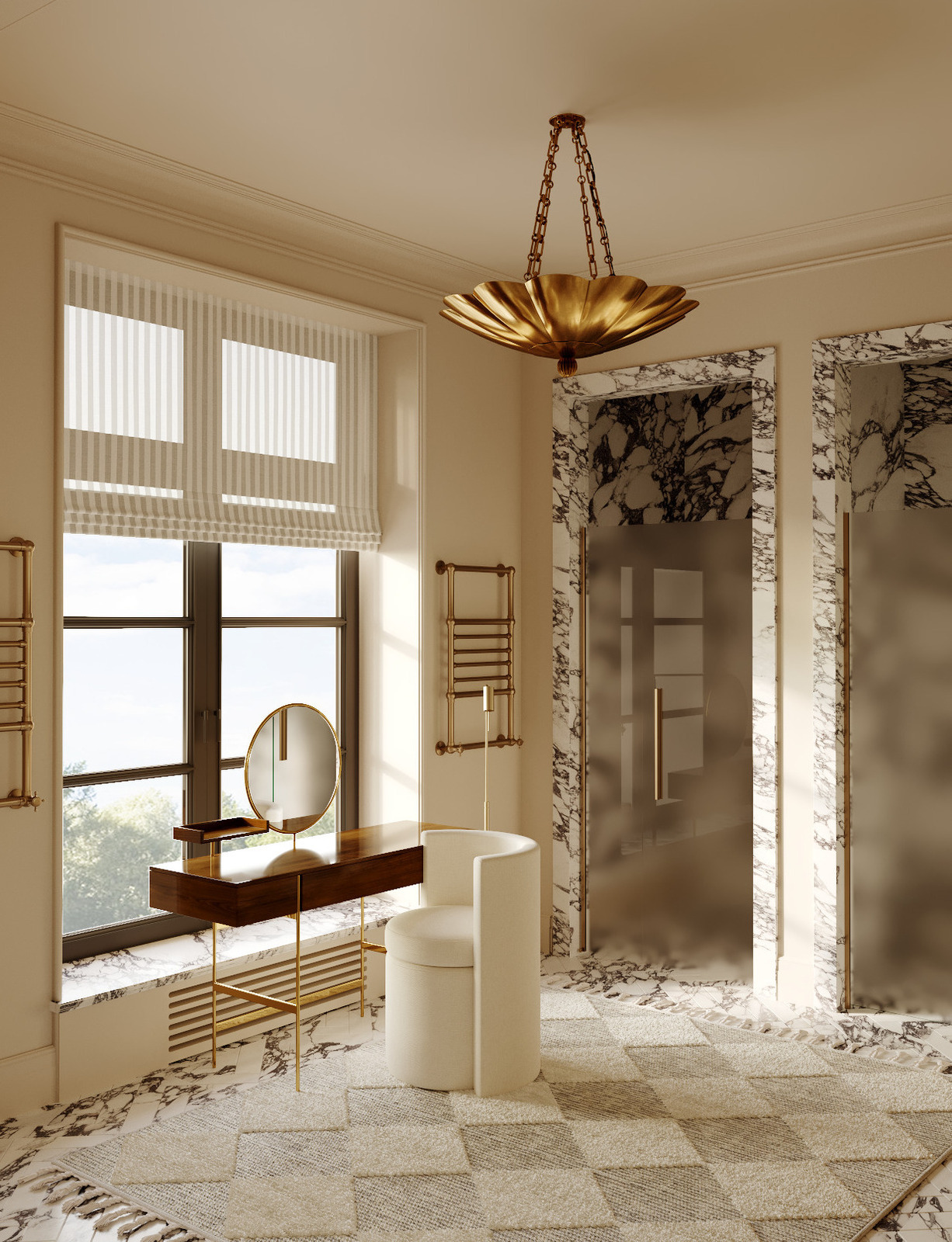 Будуарная зона в интерьере мастер-санузла загородного дома дизайнера Екатерины Фёдоровой