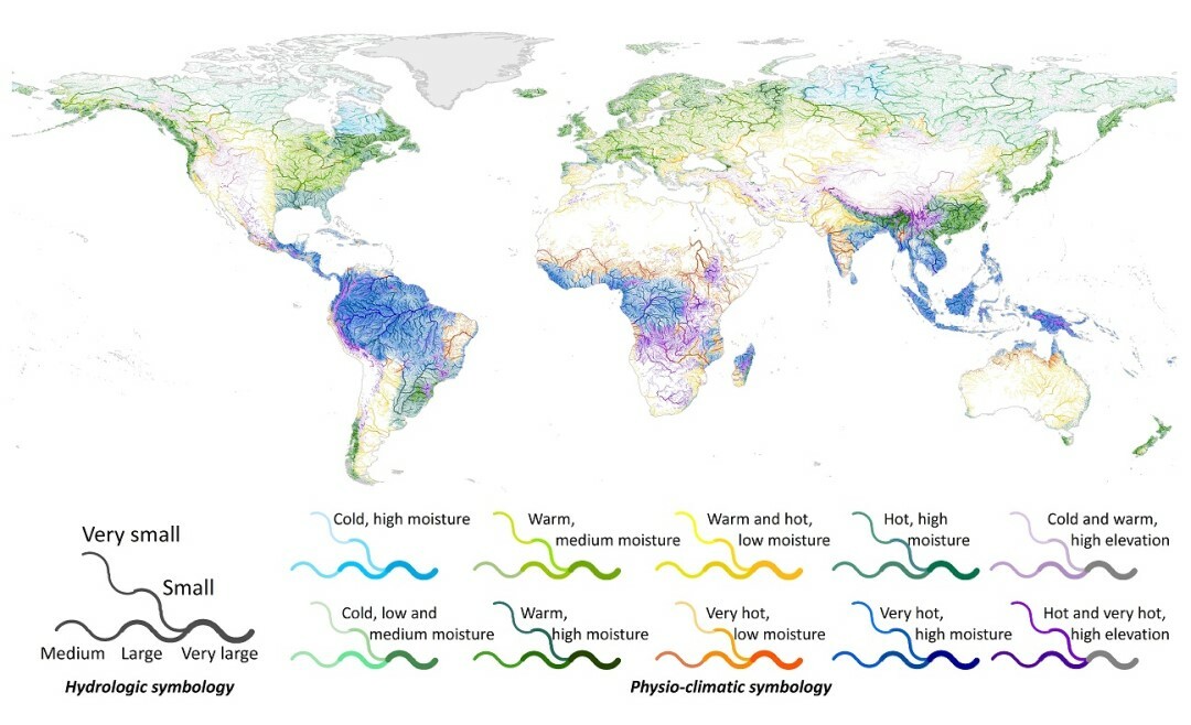 Map of global river classification. Line size represents the size of the river, whereas the river color represents the physio-climatic classification of that river reach.