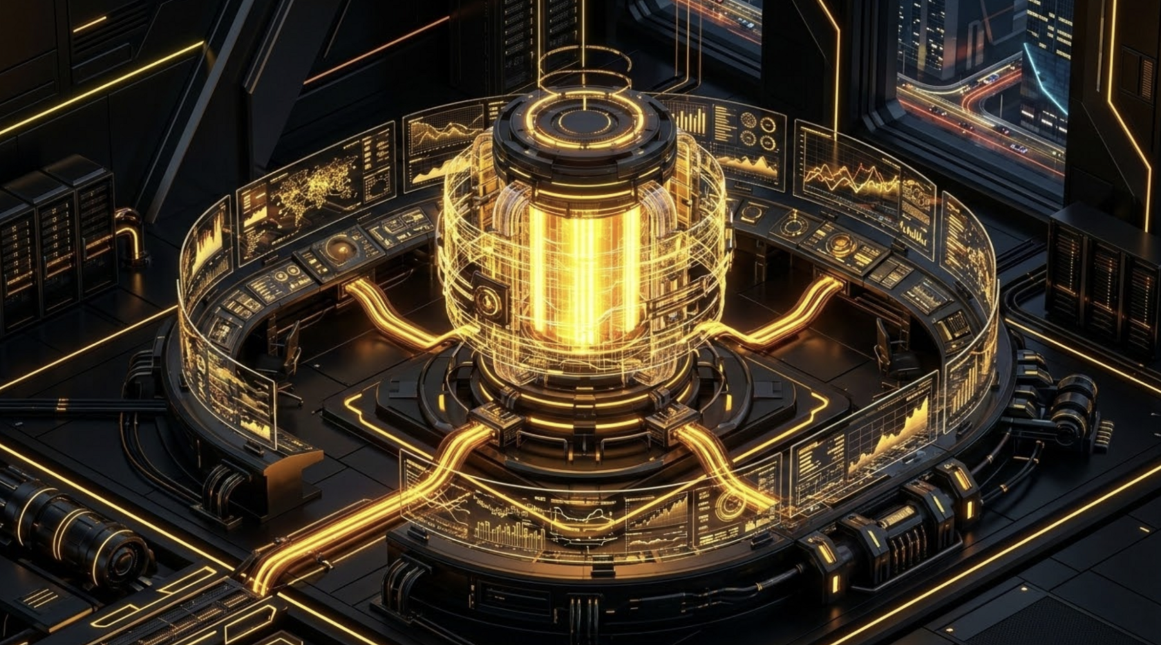 Futuristic glowing data core powering an autonomous financial dashboard.