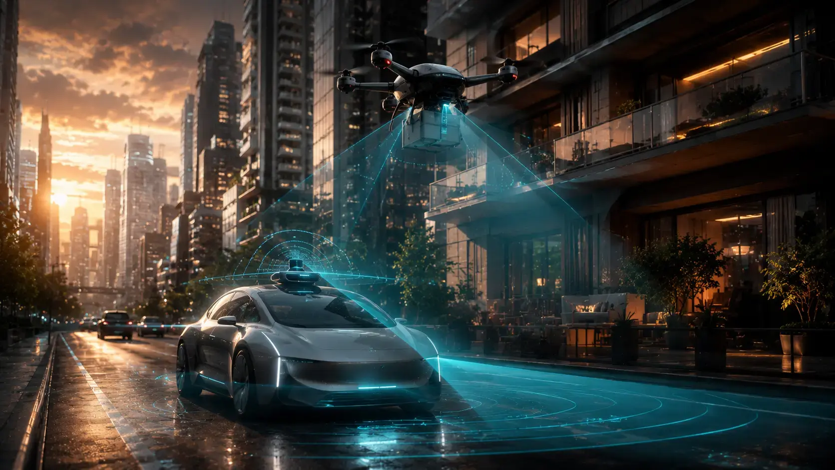 Autonomous robotaxi and delivery drone sharing the same urban space, both scanning the environment with lidar and sensors, demonstrating the unified autonomous mobility stack in action on a futuristic city street.