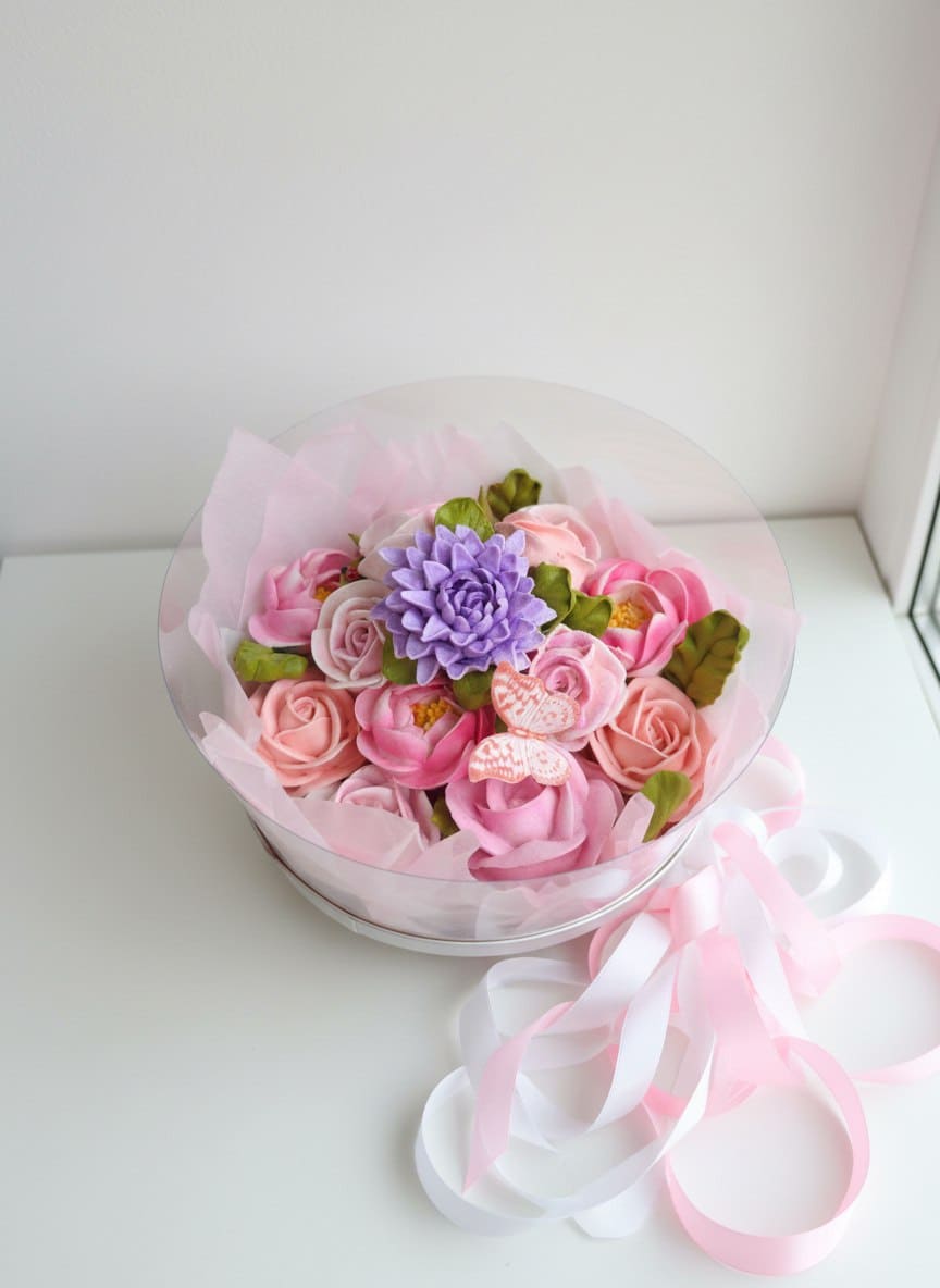 Художественные цветы из зефира в коробке аквариум, диаметр 21 см 2