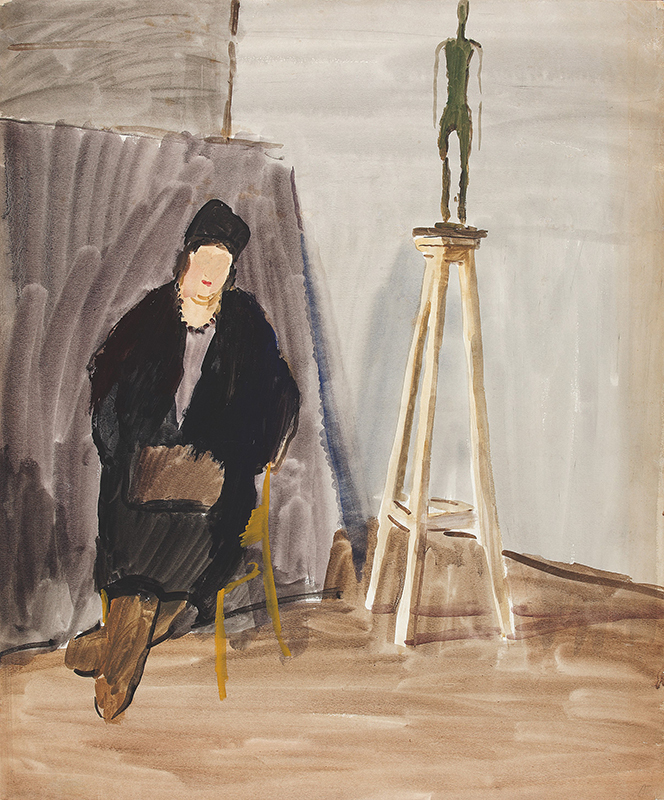 Сидящая женщина в черной шубе. Конец 1940-х