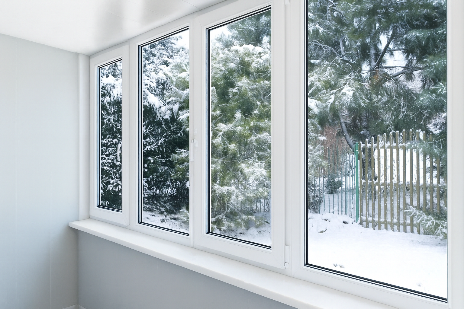 Лоджия с панорамными пластиковыми окнами, за которыми видно зимний лес и снег на деревьях.