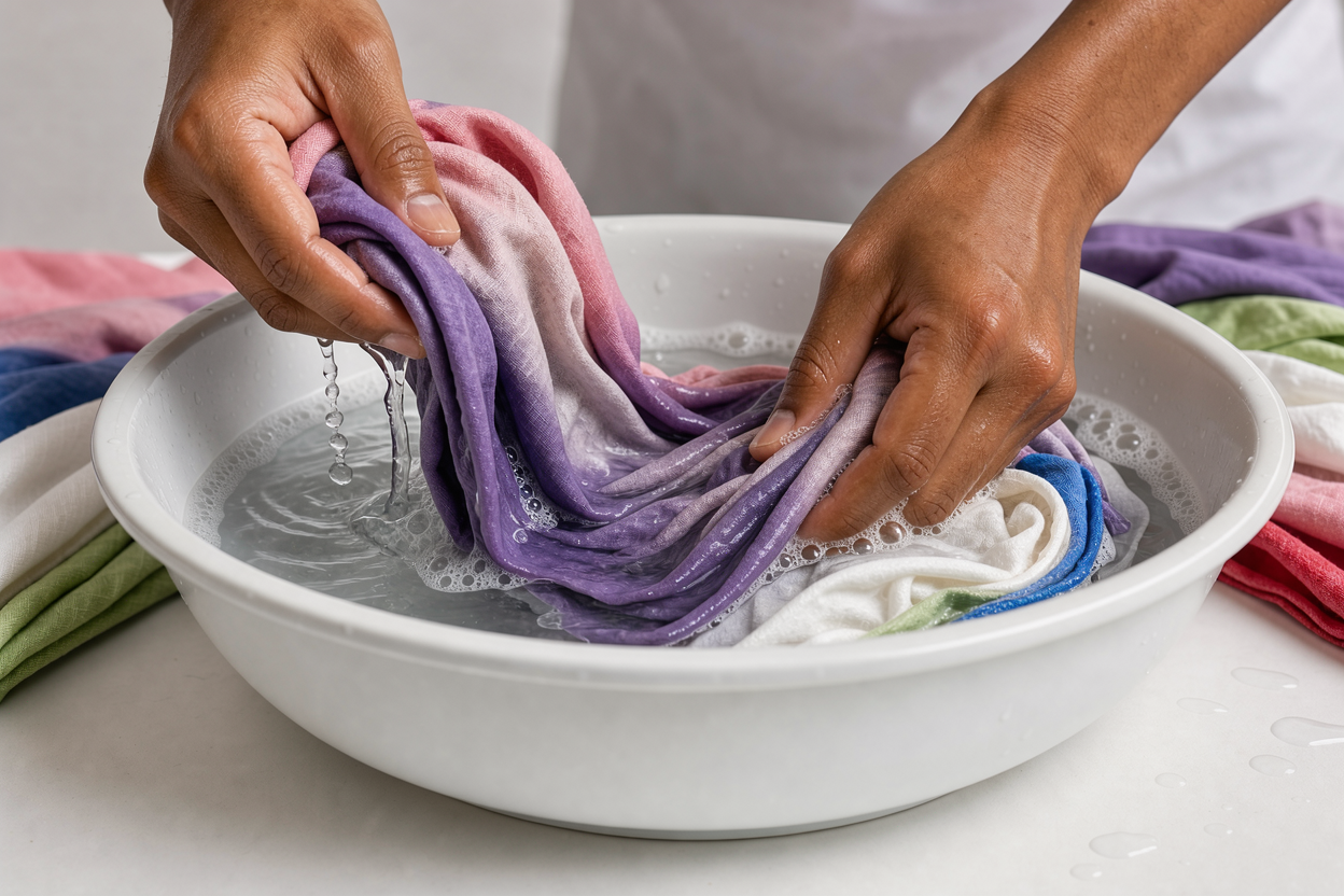 Linen garments being hand-washed in a shallow basin with mild bubbles, close-up of fabric movement and water, neutral background, no brands