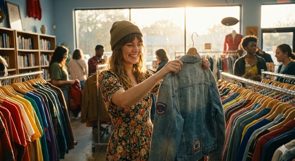Стильная девушка выбирает винтажную одежду в секонд-хенде в честь праздника 17 августа
