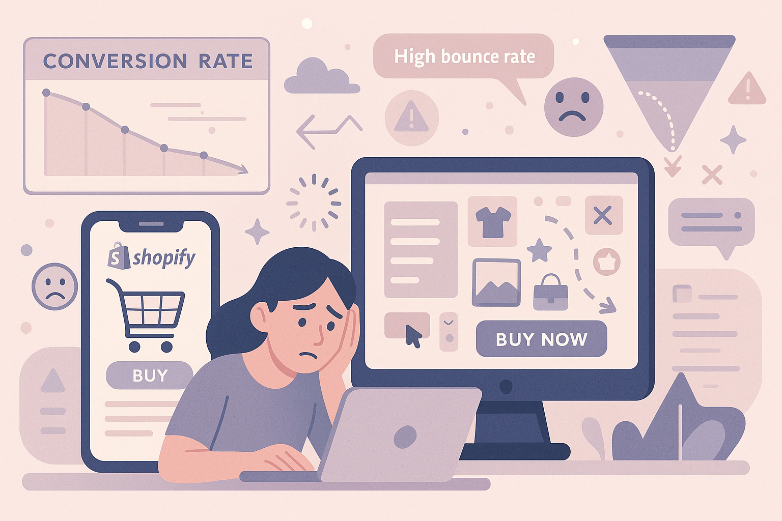 Frustrated Shopify store owner looking at low conversion rates on her laptop, surrounded by mobile and desktop screens showing abandoned carts, high bounce rate alerts, and a downward trend graph—illustrating common e-commerce performance issues.