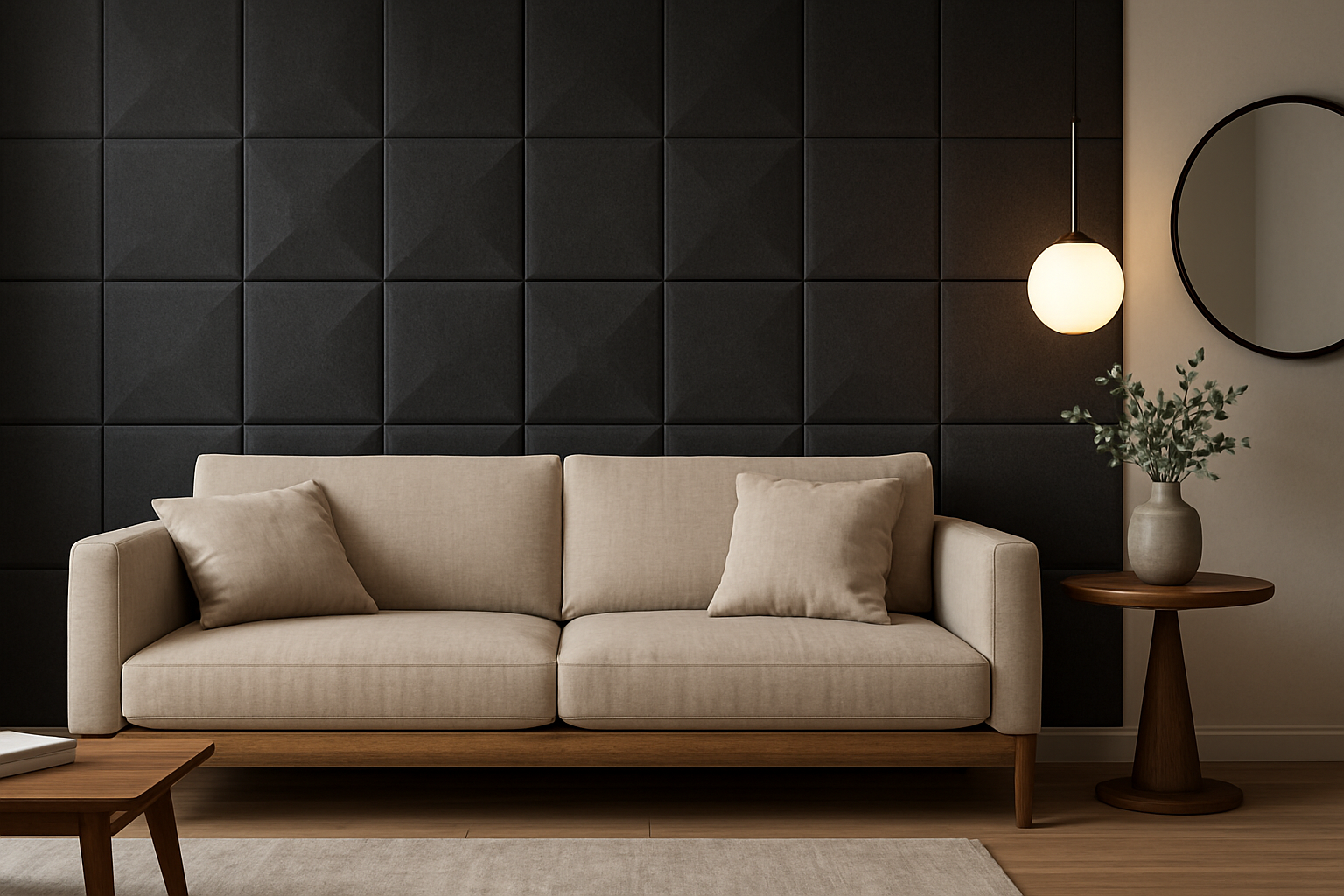 Современная гостиная с бежевым диваном на деревянном основании, размещённым у стены с объёмными чёрными декоративными панелями, рядом — круглое зеркало, подвесной светильник и столик с вазой и ветками эвкалипта.