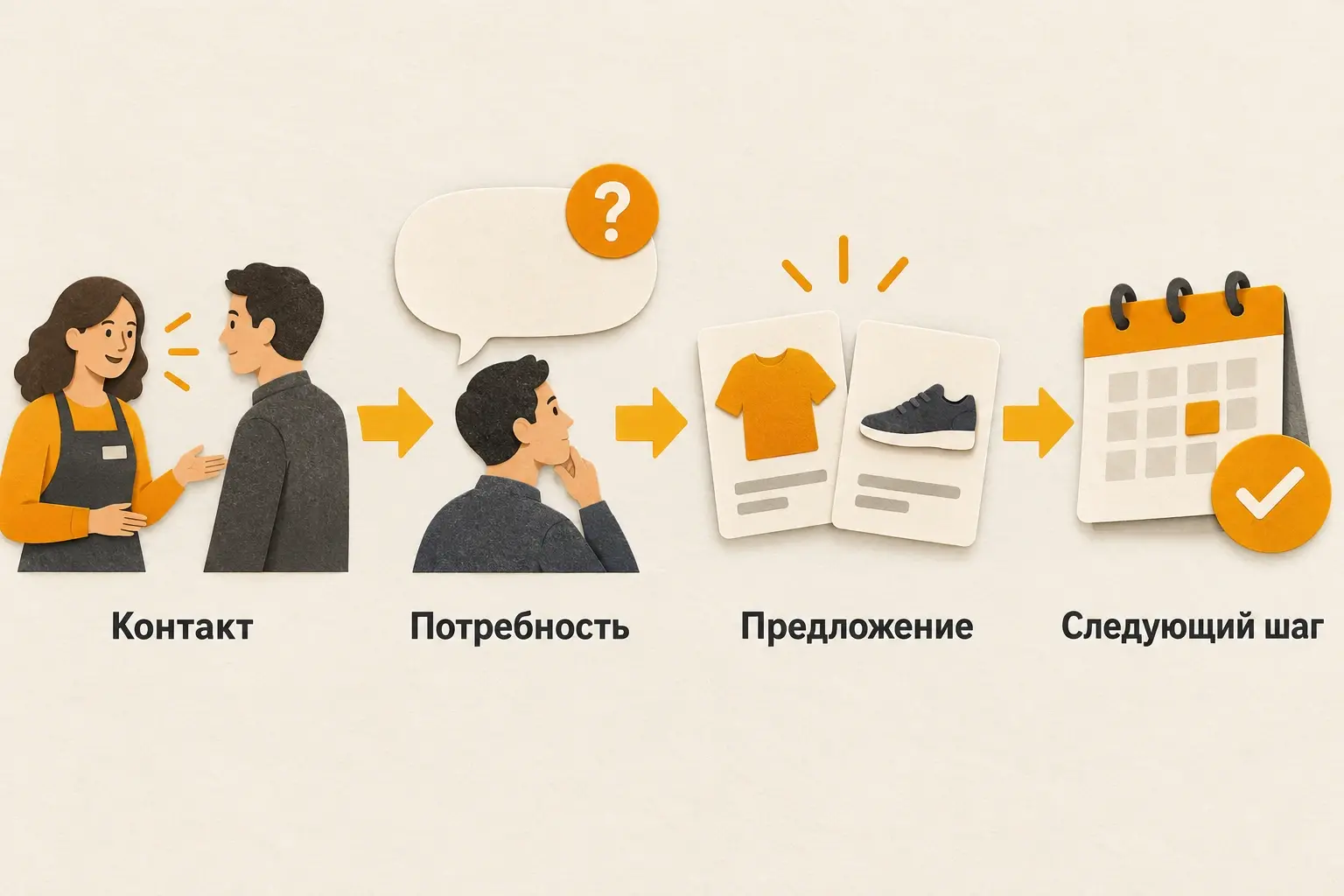 Этапы анкеты: контакт, потребность, предложение и следующий шаг