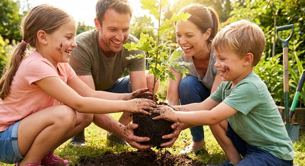 Семья сажает дерево в саду в Международный день семей 15 мая 