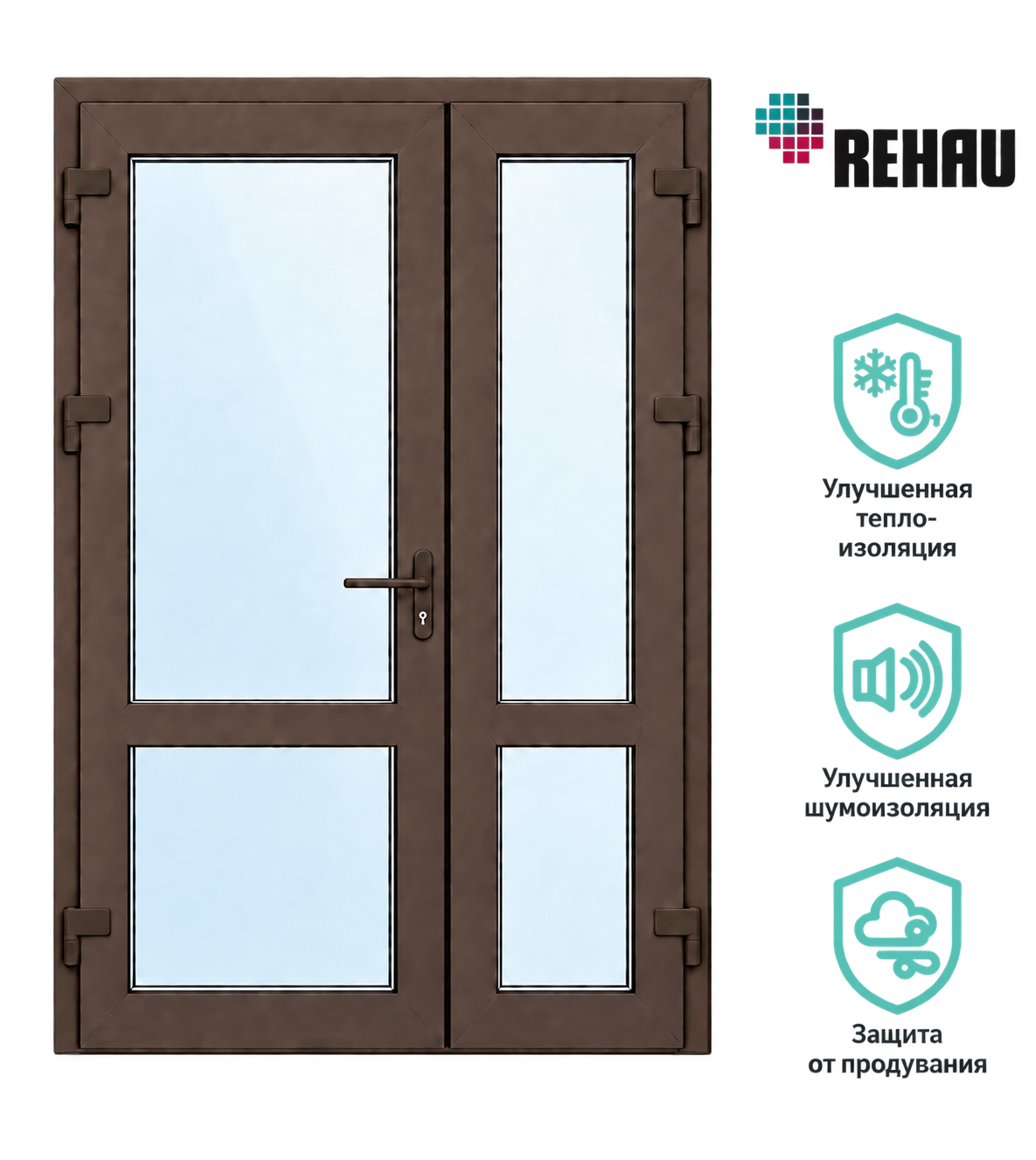 Входная дверь ПВХ REHAU: вид спереди, двустворчатая конструкция с остеклением