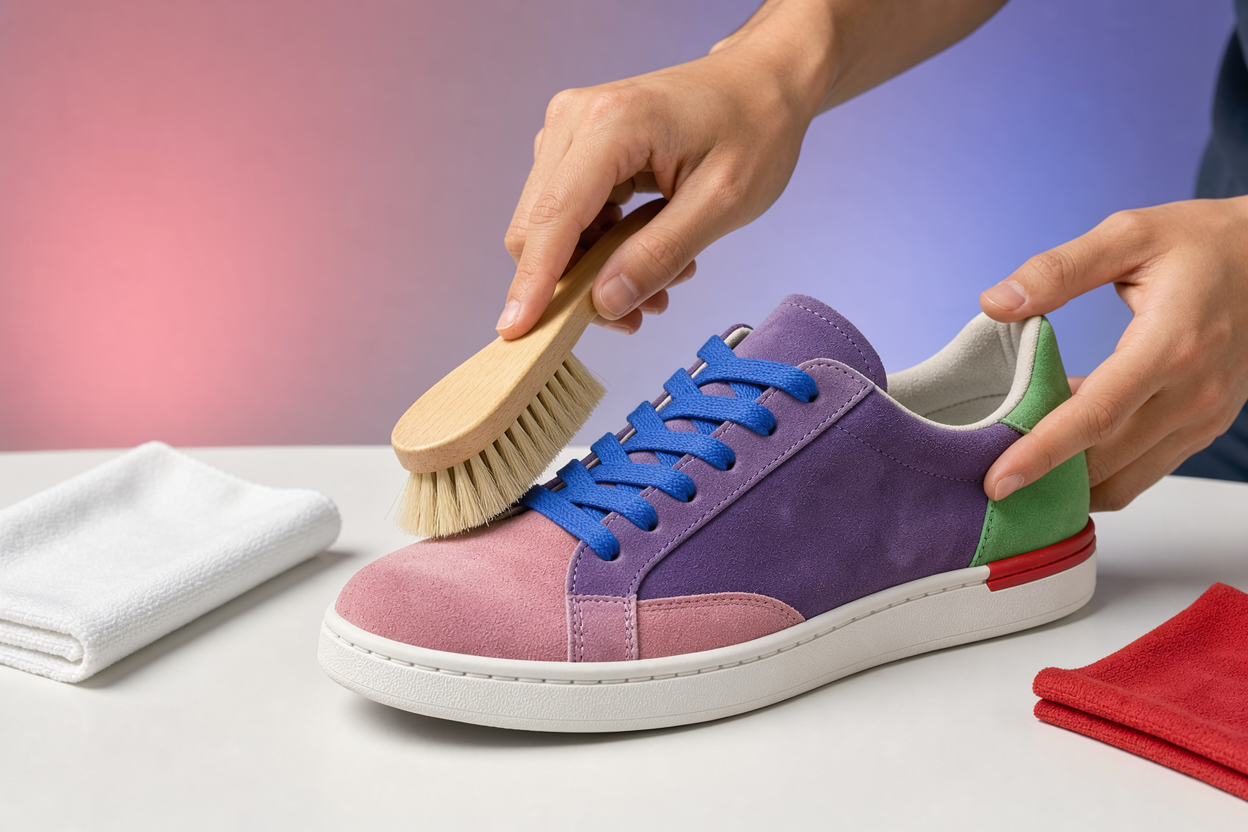 Young hands gently brushing a suede sneaker with a soft suede brush on a table with natural light, no brand labels visible