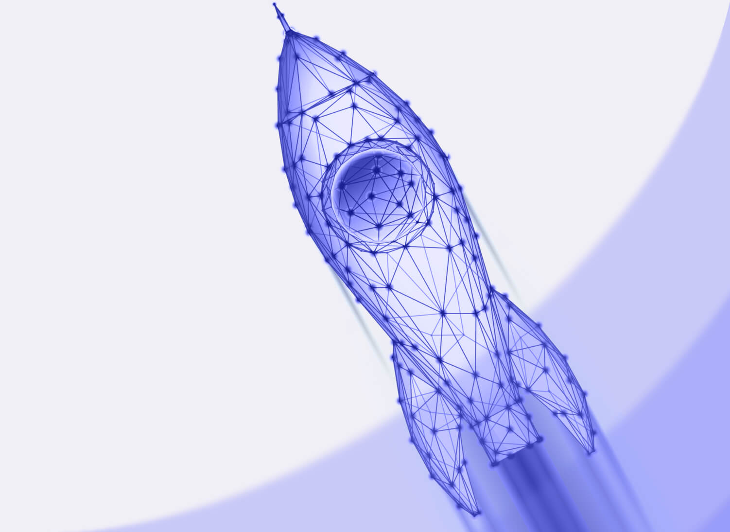 Цифровая ракета в стиле low-poly, взлетающая вверх с сияющим следом