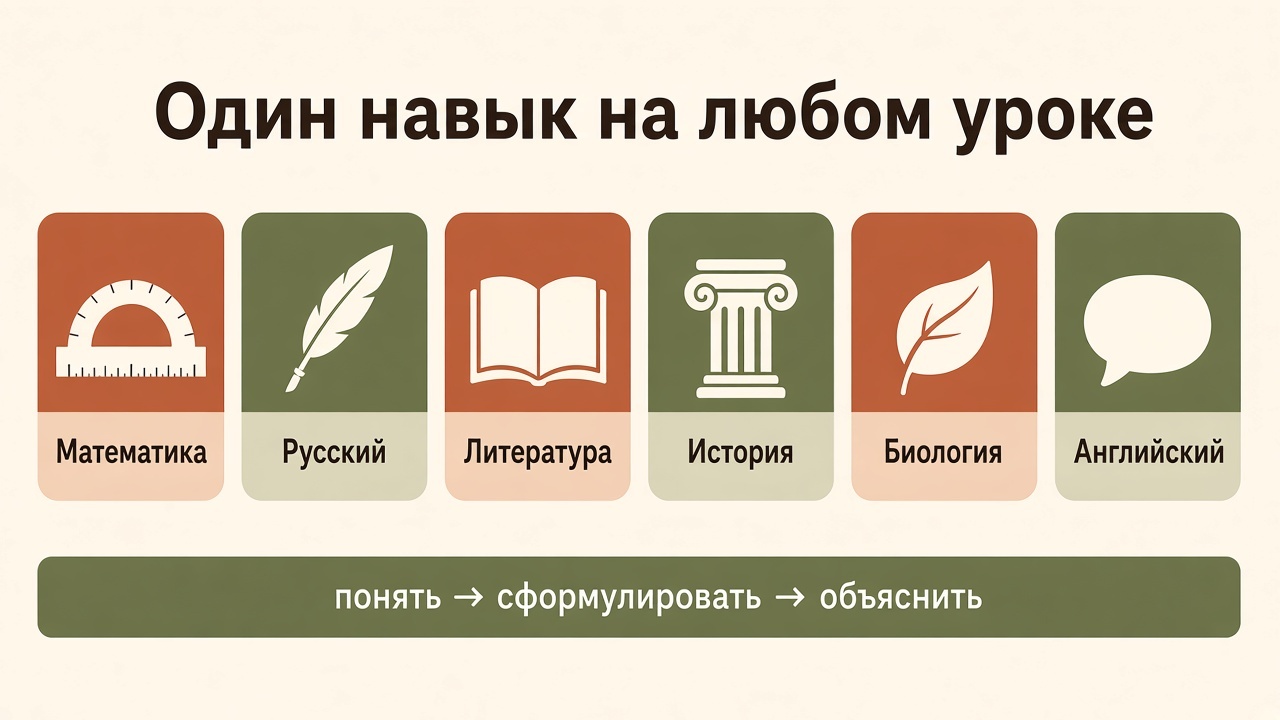 Один навык на математике, русском, литературе, истории, биологии и английском