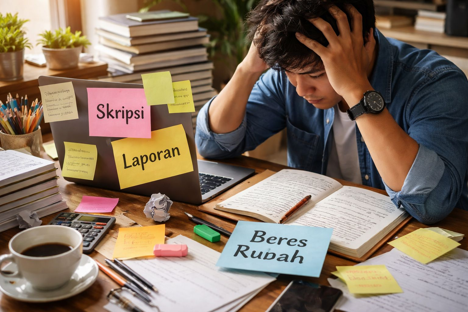 Mahasiswa terlihat stres di depan laptop dengan catatan tugas seperti skripsi, laporan, dan beres rumah, menggambarkan tugas yang terasa terlalu banyak dan membingungkan