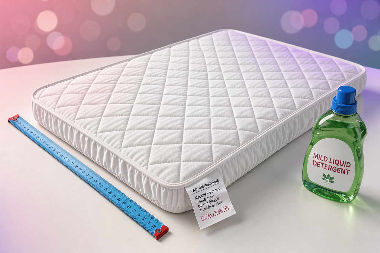 Top-down view of a mattress protector laid flat on a table with visible care label, measuring tape and a mild liquid detergent bottle nearby