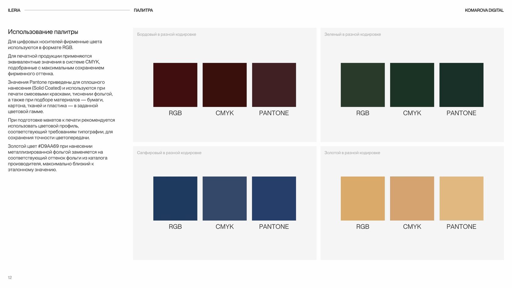 Фирменный стиль ILERIA: цвета для экрана, печати и Pantone, золото — тиснением фольгой