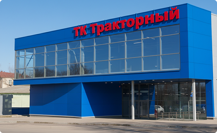 Обновленный фасад ТК «Тракторный» с интегрированной исторической кирпичной кладкой 1932 года.