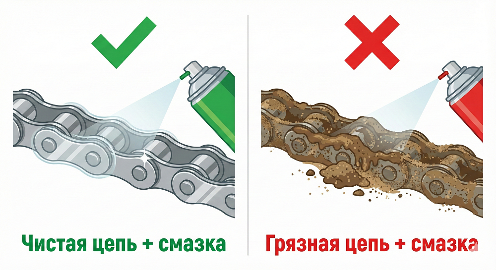 Чистая цепь со смазкой против грязной