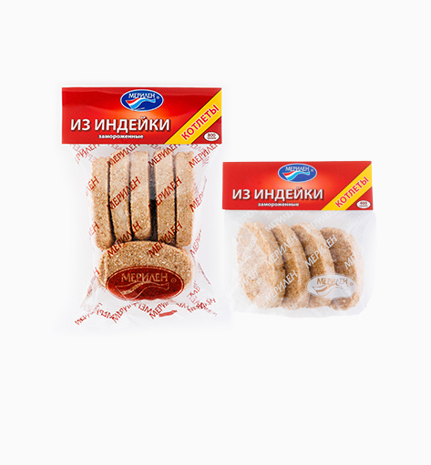 Котлеты «Из индейки» от производителя Мерилен — замороженные полуфабрикаты из индейки. Упаковка: 400 гр./800 гр.