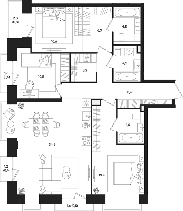 4‑комн квартира ~112 м²