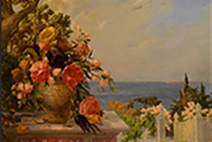 картина цветы в вазе на террасе у моря