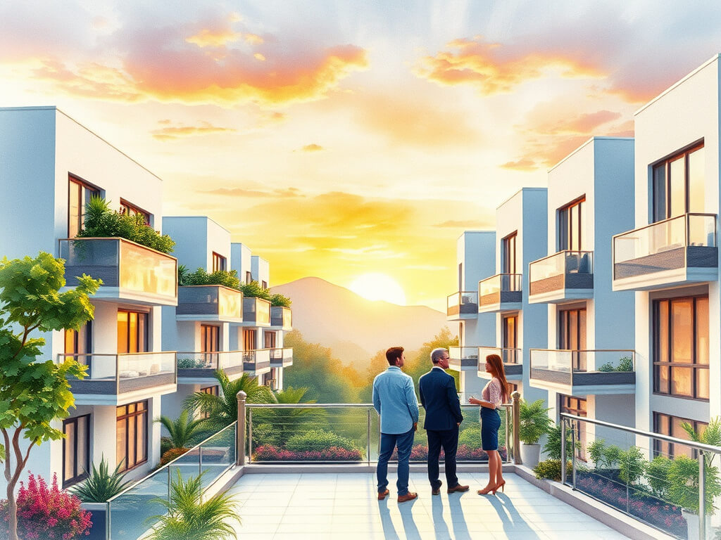 A group of investors stands on a spacious house terrace, discussing a project. In the background, newly built residential buildings rise on both sides, while the sun rises on the horizon