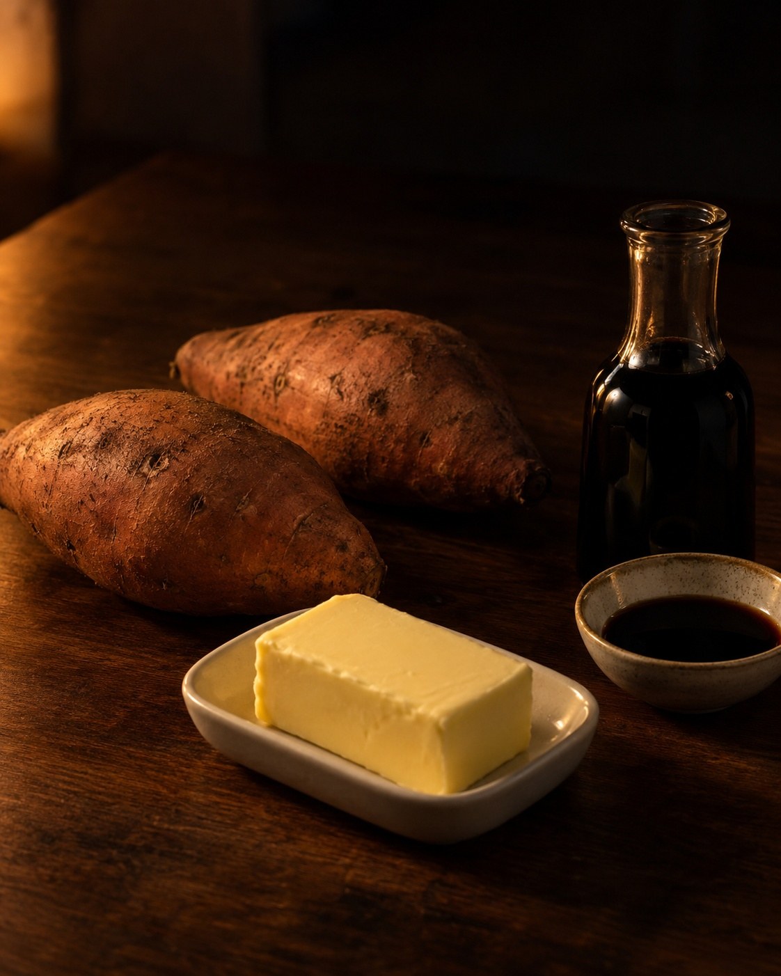 Two sweet potatoes, a block of butter and a bottle of soy sauce on a dark wooden counter