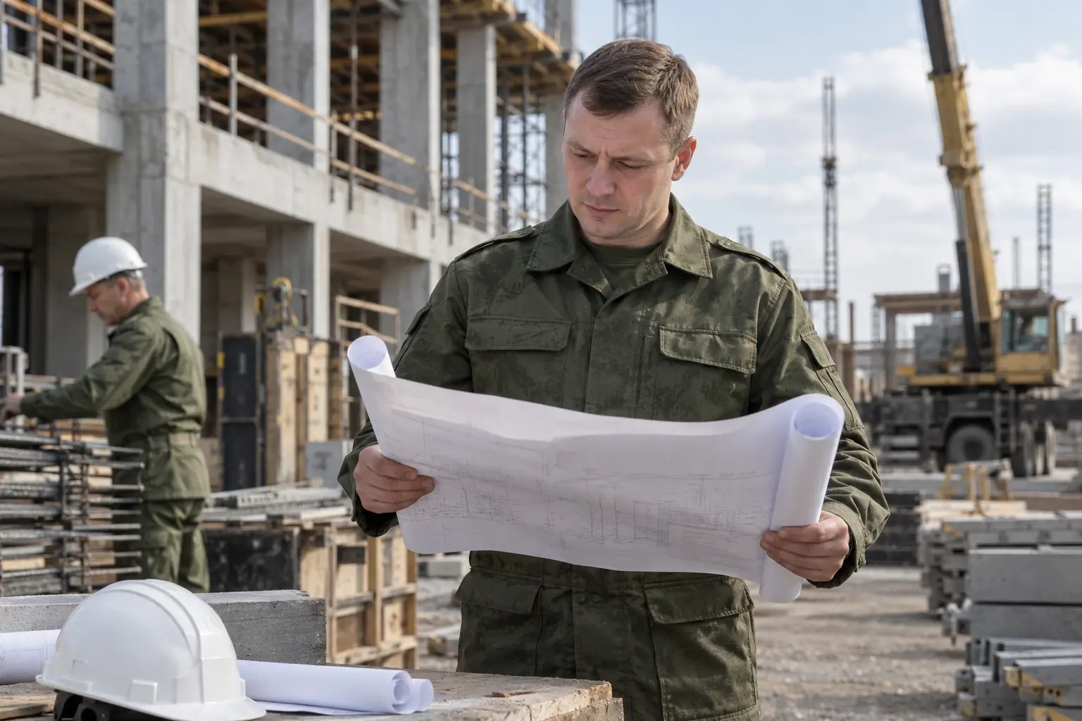 Военный строитель с техническими чертежами на строительной площадке