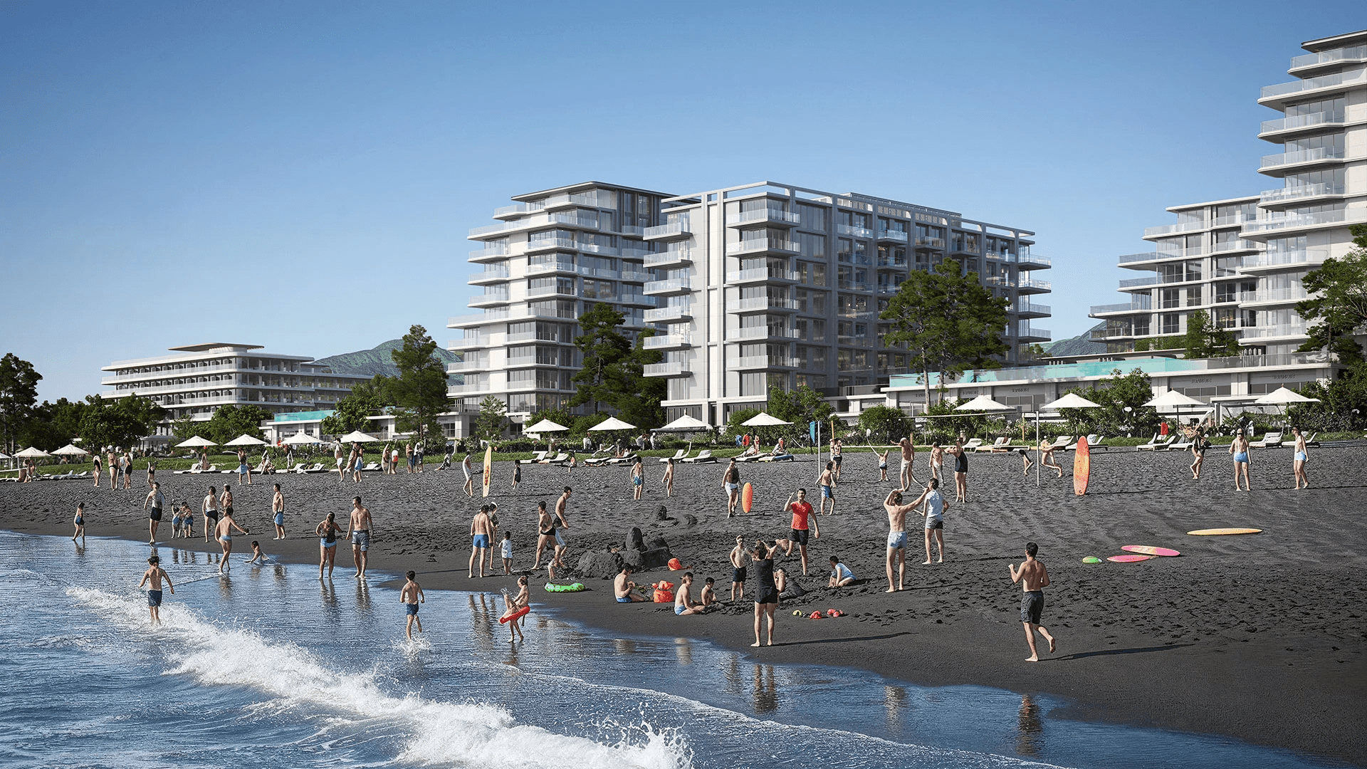 Пляжная зона с купающимися людьми — набережная Гонио — визуализация проекта