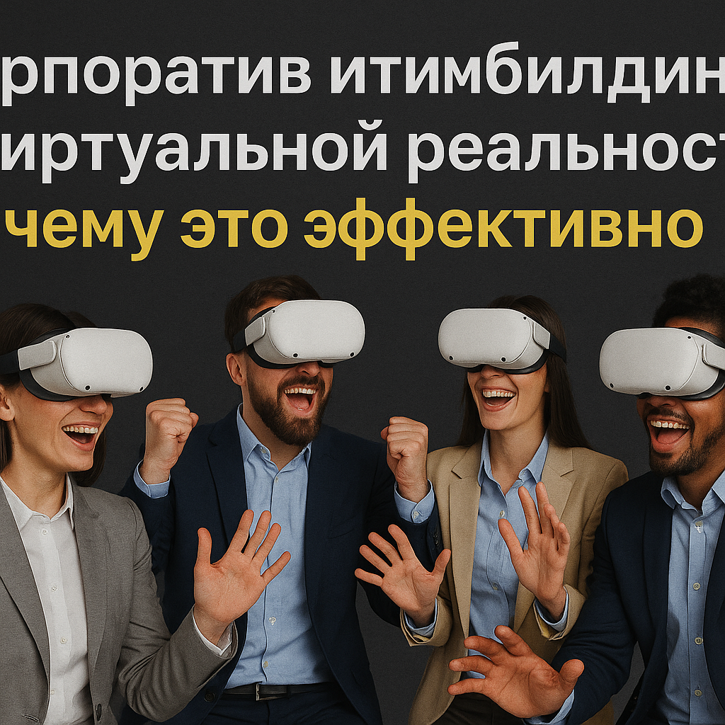 Четверо коллег в деловых костюмах с VR-гарнитурами на глазах энергично участвуют в виртуальном тимбилдинге