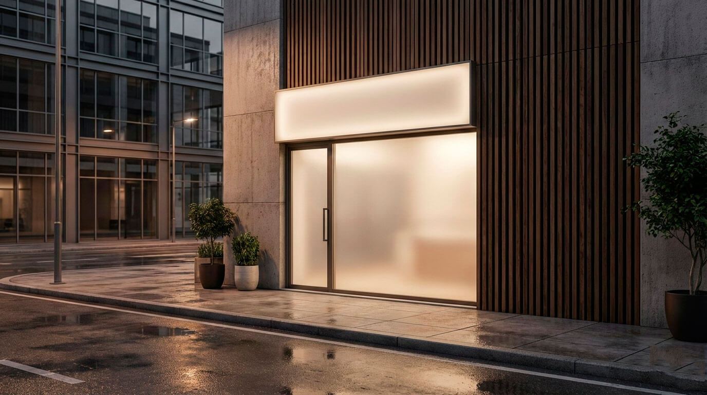 Спокойная городская среда с аккуратной световой вывеской как пример устойчивой наружной рекламы.