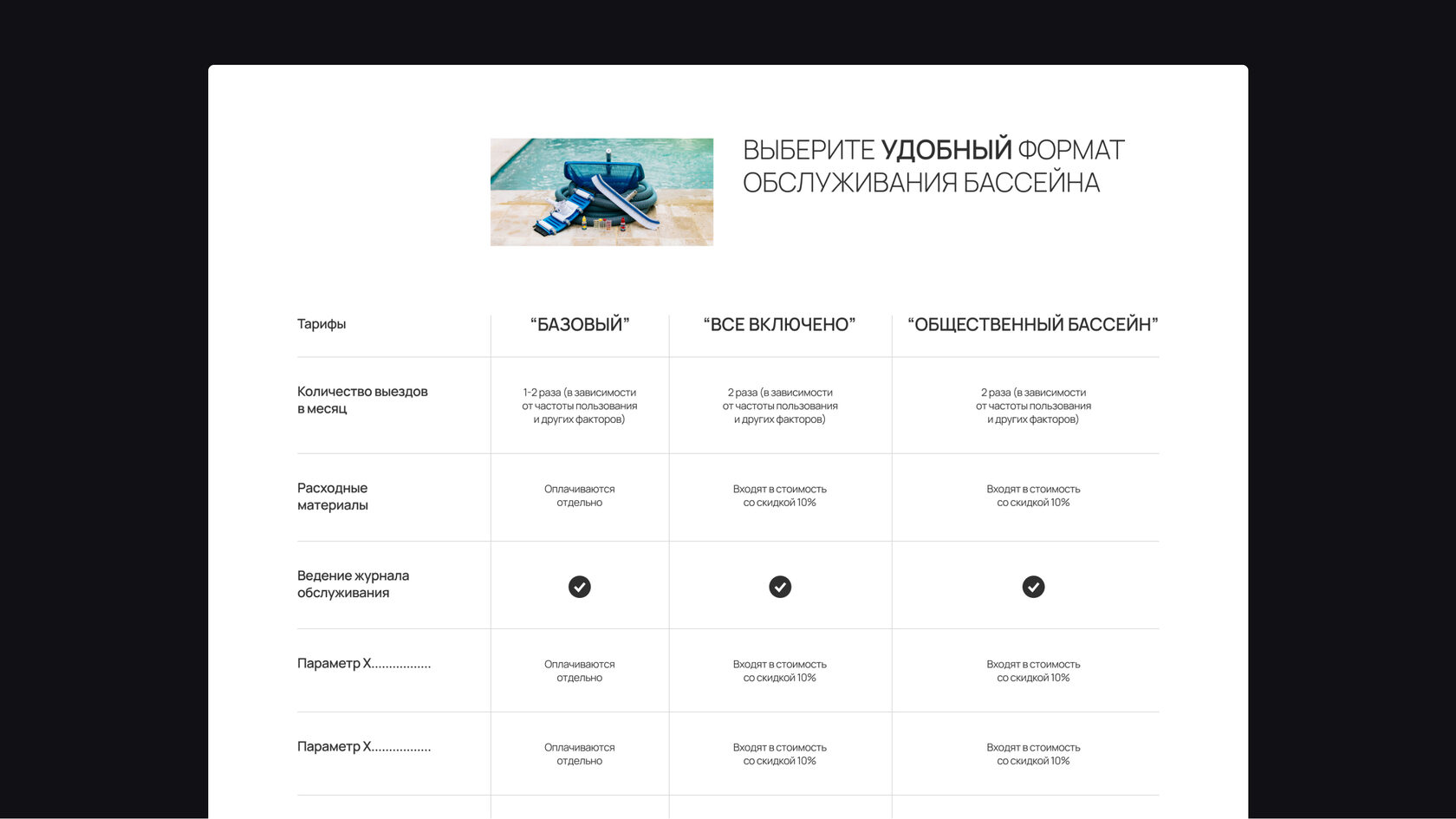 Тарифы по обслуживанию бассейнов