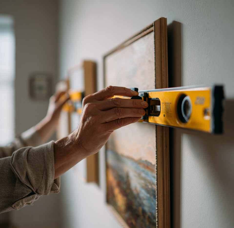 рука с уровнем и рулеткой при развешивании картины на стене