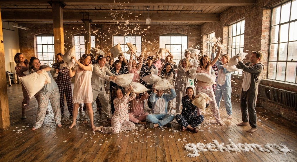 Группа людей в пижамах дерется подушками, вокруг летают перья