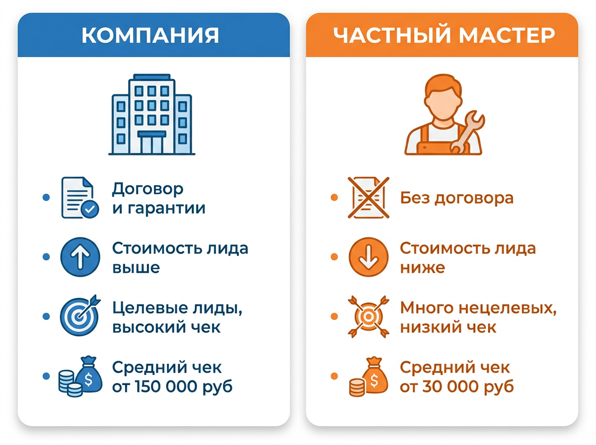 Сравнение продвижения на Авито — компания с договором и гарантиями vs частный мастер с низкой ценой