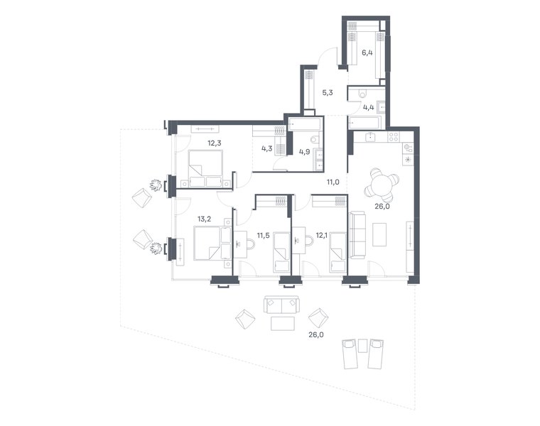 Планировка квартиры с 4 спальнями 137,4 м² в ЖК Portland: корпус 8, секция 4, 2-й этаж