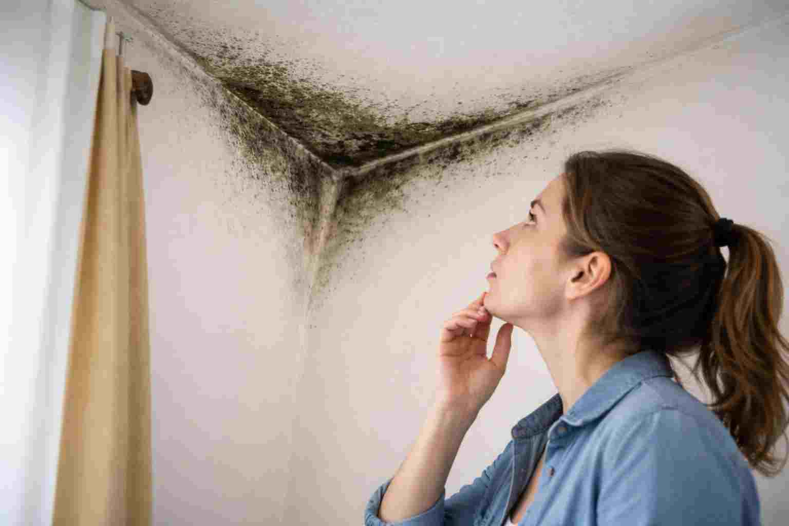 Homeowner looking at black mold growing in the corner where the wall meets the ceiling