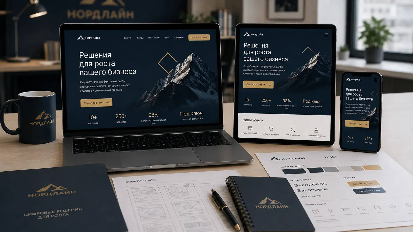 Дизайн сайта на компьютере, планшете и смартфоне