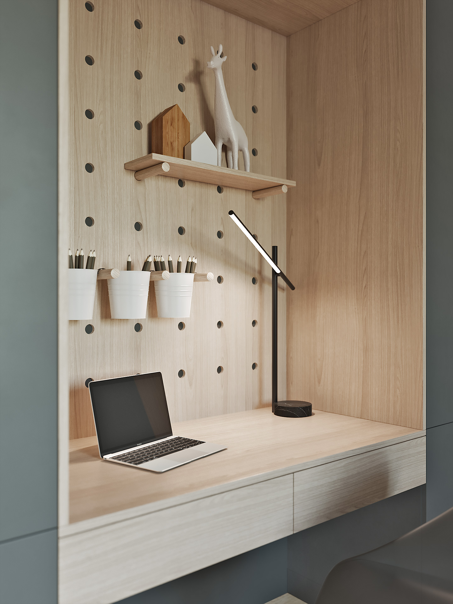 Espace de travail pour enfant intégré dans une armoire sur mesure – chambre aux textures naturelles