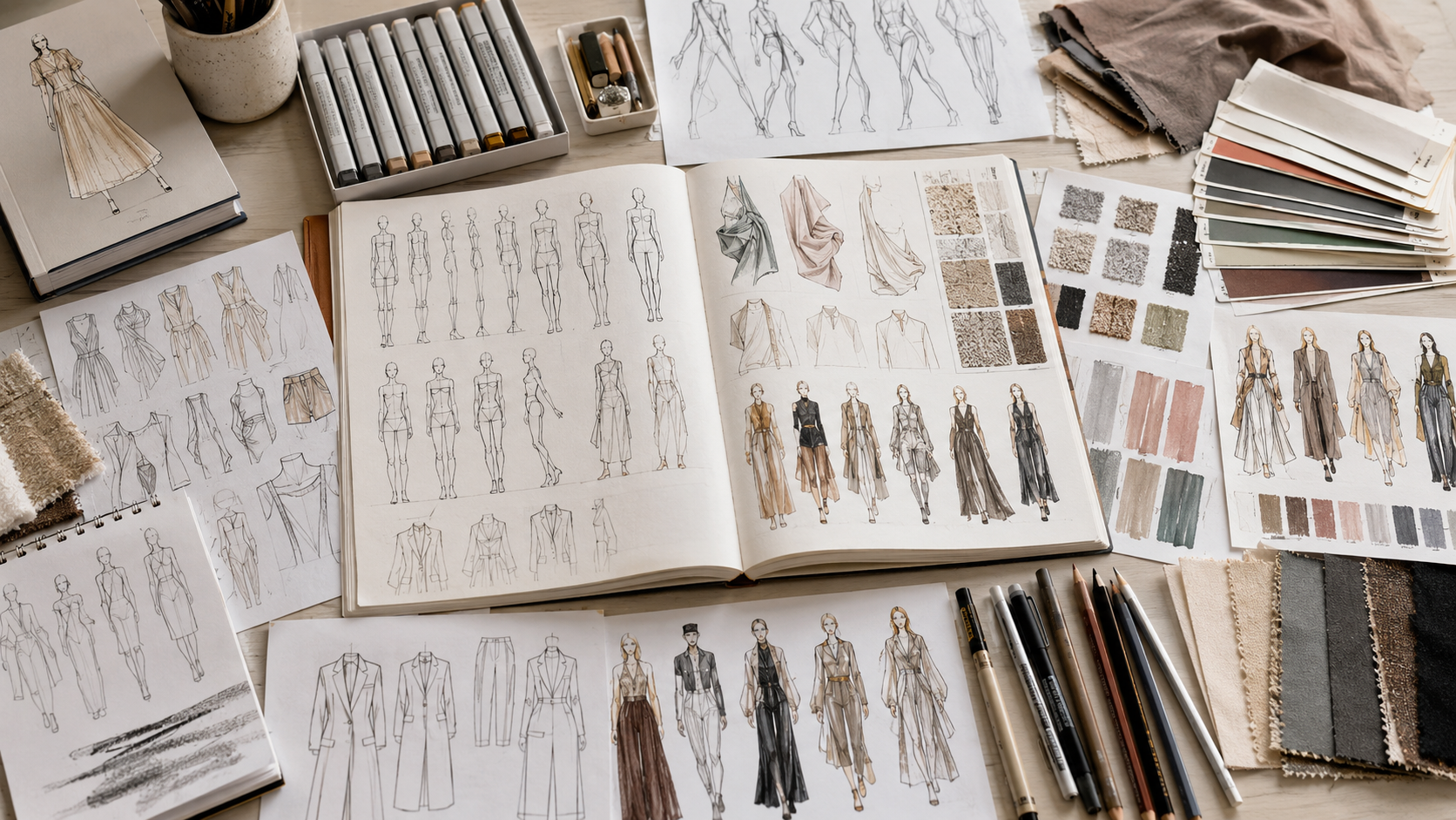 Fashion sketching practice with figure proportions, quick poses, garment silhouettes, fabric folds, texture studies, color rendering, and technical flats.