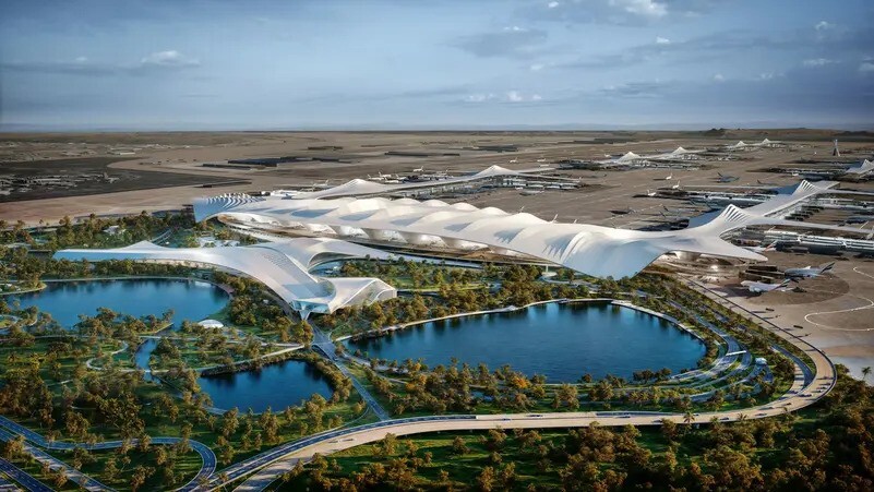 Airport project render, exterior with open landing space