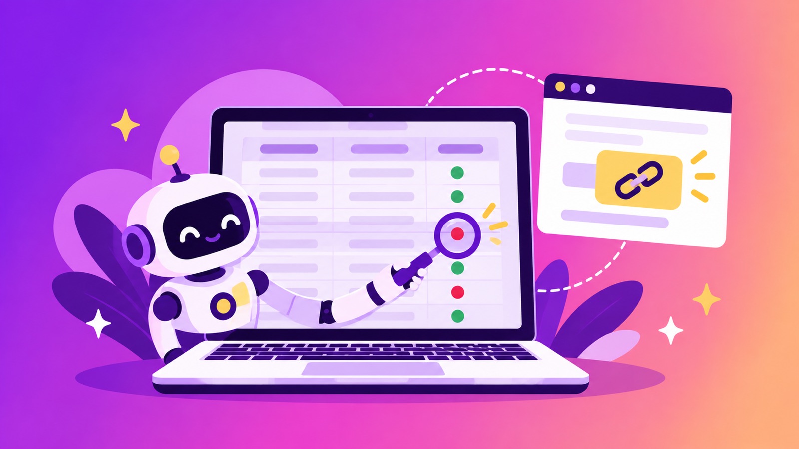 Link exchange tracker illustration: a robot checking a table of backlinks with live and removed status dots on a laptop
