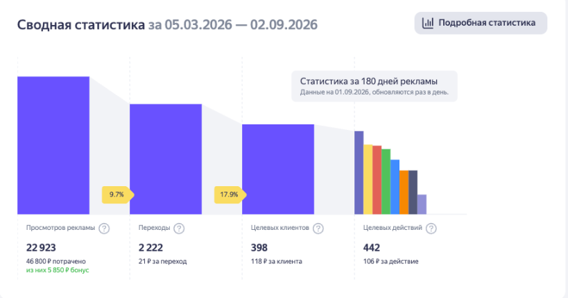 Сводная статистика рекламной кампании спа-салона Ethno-Spa в Яндекс Бизнесе: 22 923 показа, 2 222 перехода, 398 целевых клиентов, 442 целевых действия