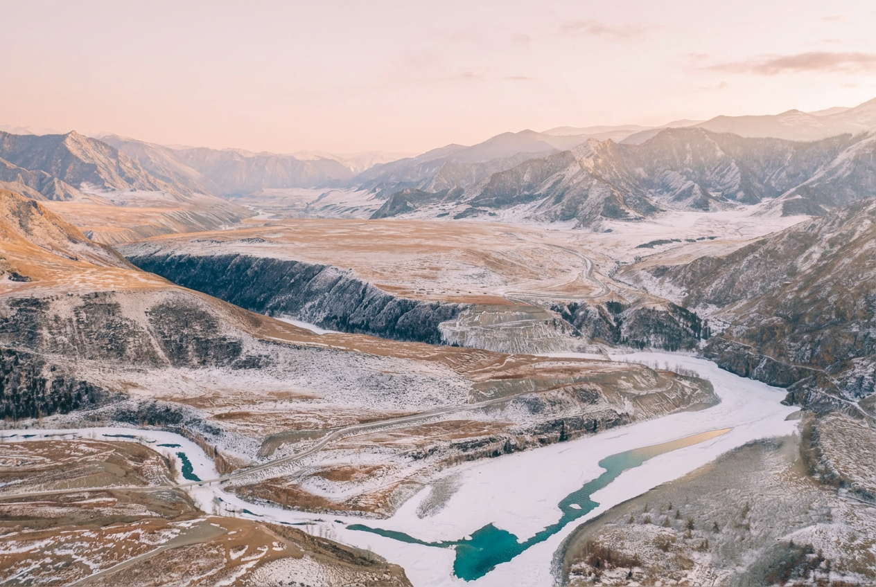 зимний пейзаж Алтая слияние Чуи и Катуни 