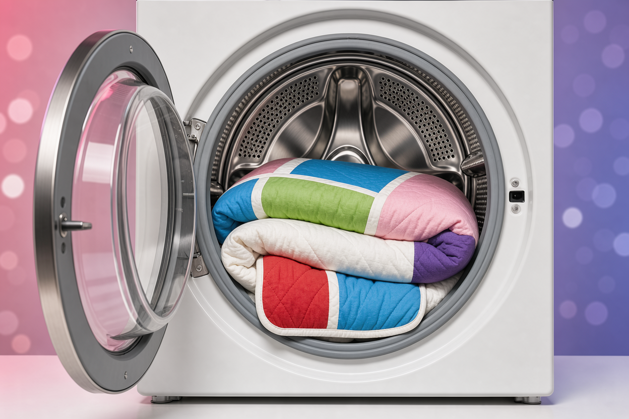 A washing machine drum with a single large quilt inside, visibly occupying about two thirds of the drum space