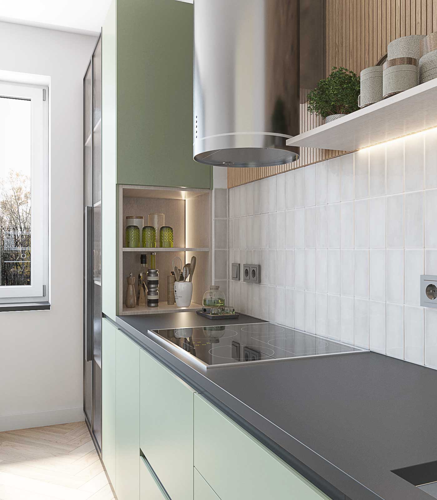 Кухня мятного цвета. Черная столешница, белая плитка над столешницей. деревянные панели. вытяжка цилиндр. 