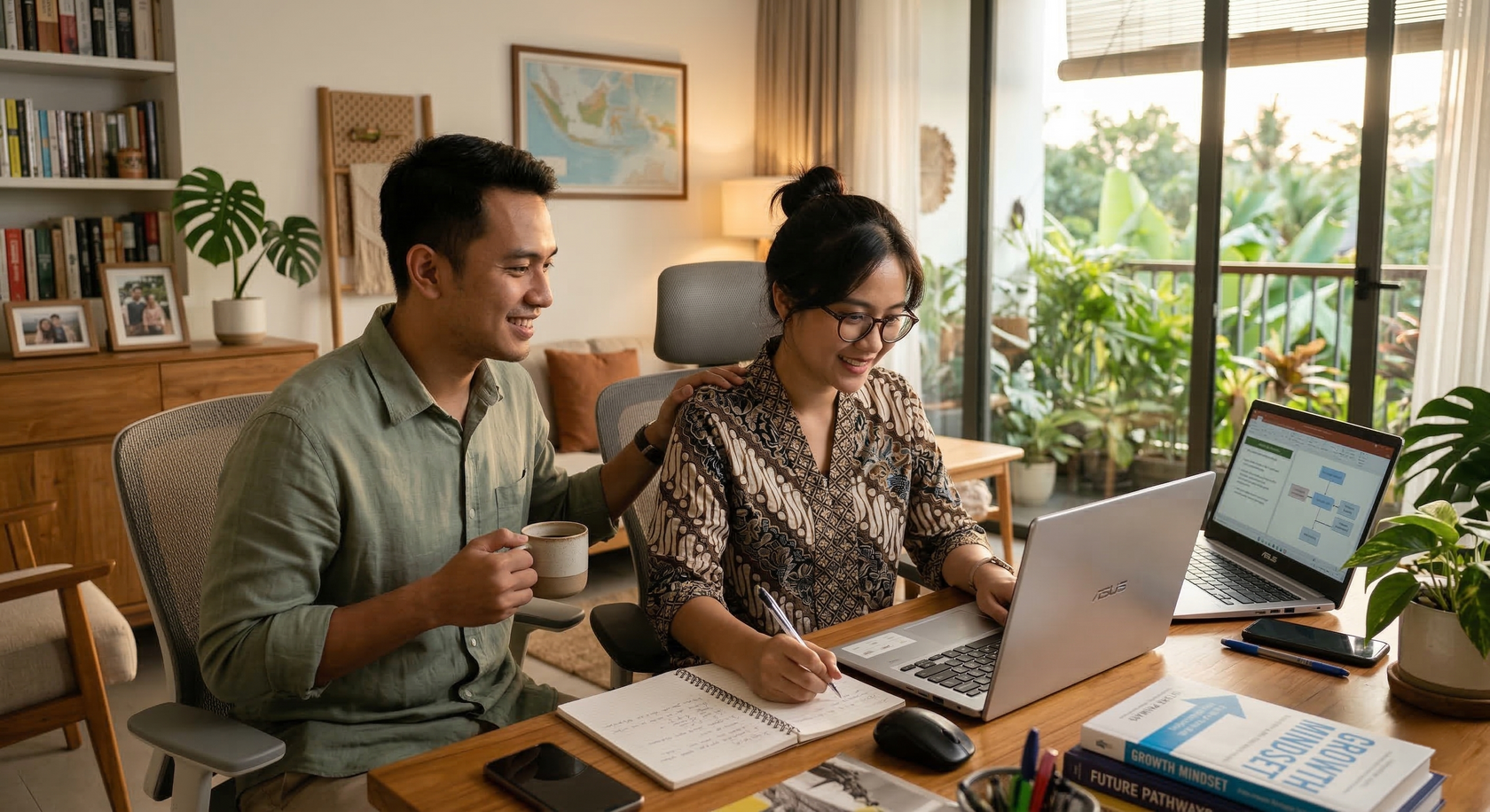 Pasangan bekerja dan belajar bersama di meja kerja rumah, ilustrasi saling mendukung pertumbuhan, produktivitas, dan masa depan hubungan yang sehat.