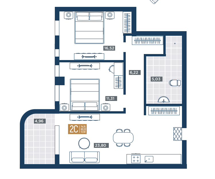 Планировка 2-комнатная 74,15 м²