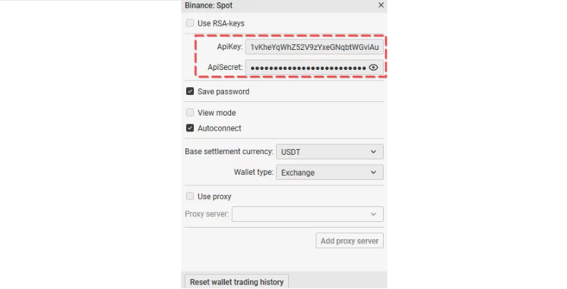 API Key and Secret Key fields in CScalp platform