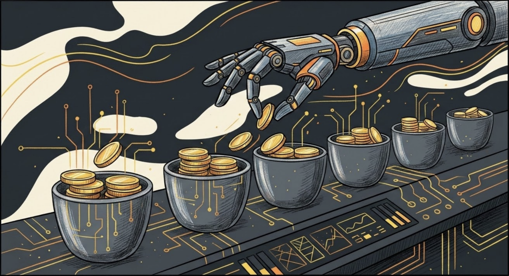 A robotic hand organizing golden coins into optimized buckets on a dark dashboard.
